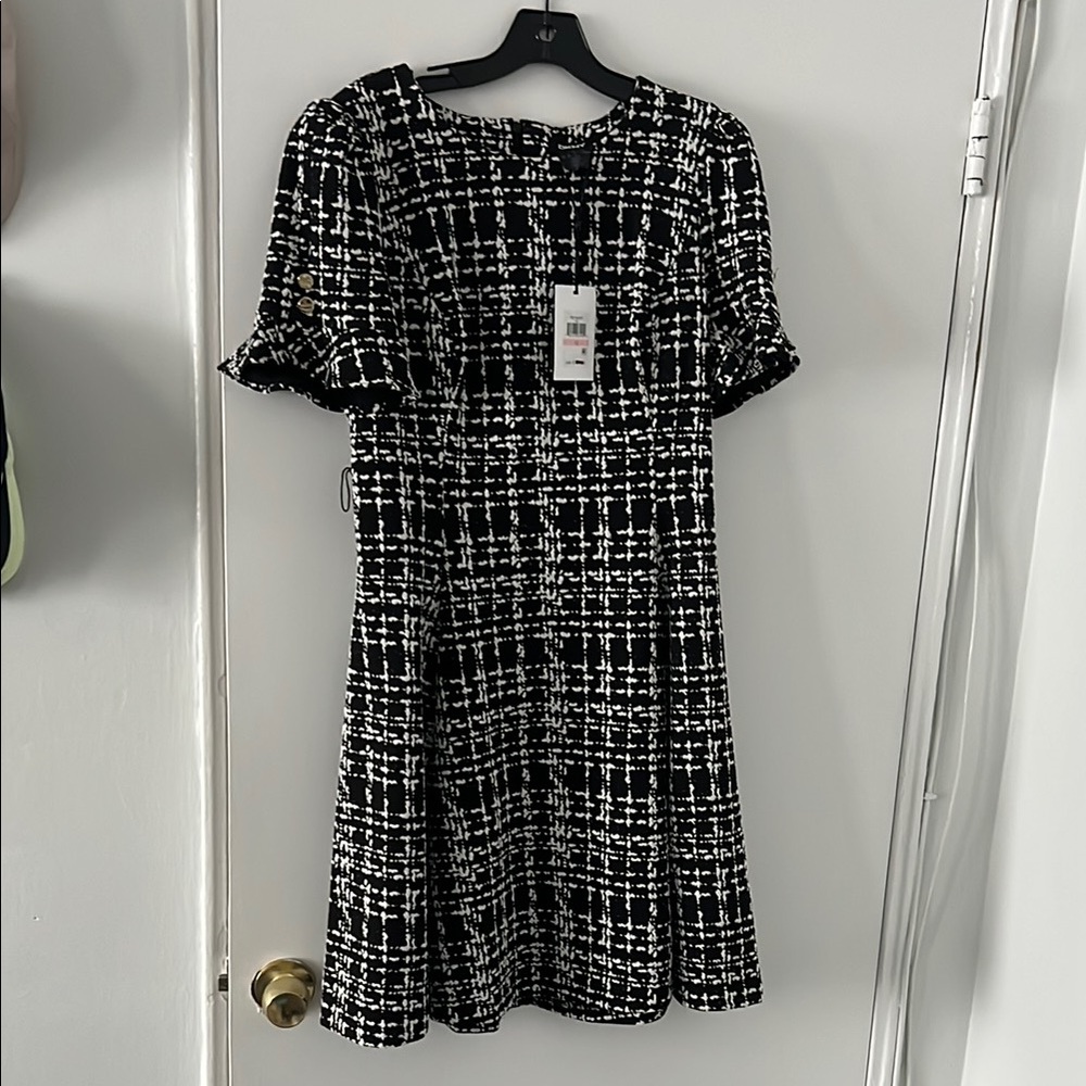 DKNY Black and White Peplum Mini Dress with Puff Sleeves